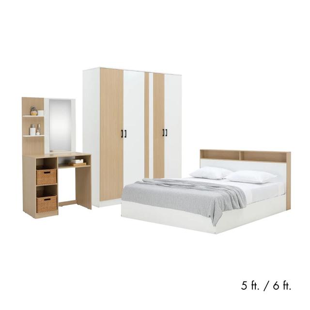 ชุดห้องนอน รุ่นคาร์เนชั่น+แมกโนเลีย (เตียง, ตู้เสื้อผ้า 4 บาน, โต๊ะเครื่องแป้ง) - สีขาว/ธรรมชาติ